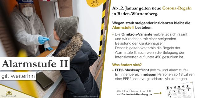 Alarmstufe 2 gilt weiterhin
Ab 12. Januar gelten neue Corona-Regeln in Baden-Württemberg.     Wegen stark steigender Inzidenzen bleibt die Alarmstufe II bestehen. 

Die Omikron-Variante verbreitet sich rasant und wir rechnen mit einer steigenden Belastung der Krankenhäuser. Deshalb gelten weiterhin die Regeln der Alarmstufe II, auch wenn die Belegung der Intensivbetten auf unter 450 gesunken ist.   

Was ändert sich?  
» FFP2-Maskenpflicht (Warn- und Alarmstufe) Im Innenbereich müssen Personen ab 18 Jahren eine FFP2- oder vergleichbare Maske tragen.
    
Alle Infos, Übersicht und FAQ auf Baden-Württemberg.de