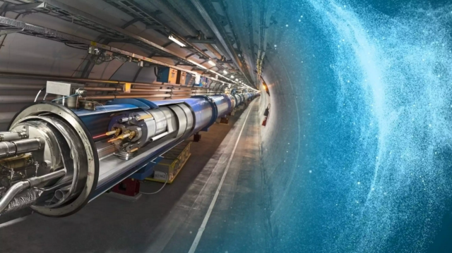Blick in den LHC mit künstlerischer Darstellung von Teilchen