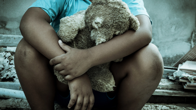 Ein Teddybär auf dem Schoss eines Kindes