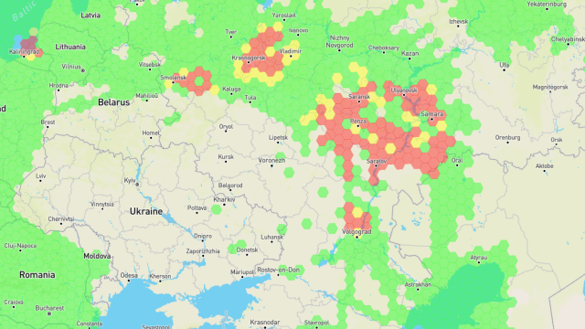 Karte des Gebiets mit eingezeichnet Störungen um mehrere russische Städte