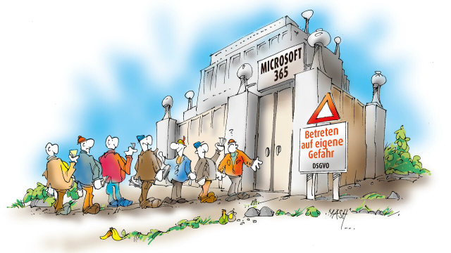 Illustration: Menschen stehen vor Festung "Microsoft 365" mit Geld in der Hand, auf einem Schild steht: Betreten auf eigene Gefahr, DSGVO