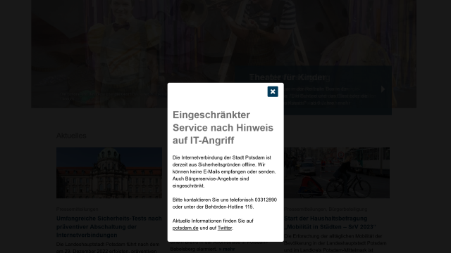 Screenshot der Website von Potsdam mit dem Hinweis auf den IT-Angriff