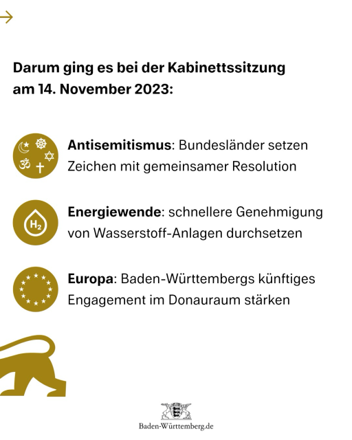 Darum ging es bei der Kabinettssitzung am 14. November 2023: 1) Antisemitismus: Bundesländer setzen Zeichen mit gemeinsamer Kabinett 2) Energiewende: schnellere Genehmigung für Wasserstoff-Anlagen durchsetzen 3) Europa: Baden-Württembergs künftiges Engagement im Donauraum stärken