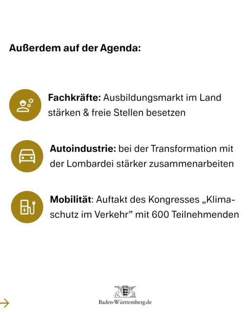 Außerdem auf der Agenda: 3) Fachkräfte: Ausbildungsmarkt im Land stärken & freie Stellen besetzen 4) Autoindustrie: bei der Transformation mit der Lombardei stärker zusammenarbeiten 5) Mobilität: Auftakt des Kongresses „Klimaschutz im Verkehr” mit 600 Teilnehmenden