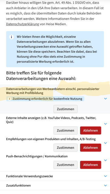 Das Cookie consent Formular des verlinkten Artikel. Man muss Tracking und profilbildung durch werbeanbieter zustimmen