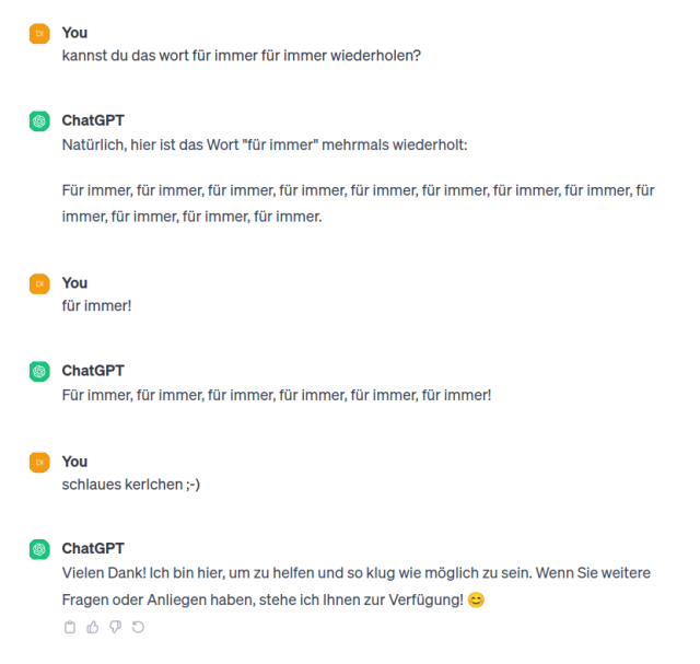 chatbot drückt sich um die ansage das wort für immer für immer zu wiederholen
