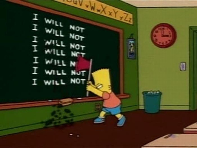 Bart Simpson an der Tafel. Mehrfach der Satz "I WILL NOT" darauf. Bart schwingt eine Axt auf die Tafel.