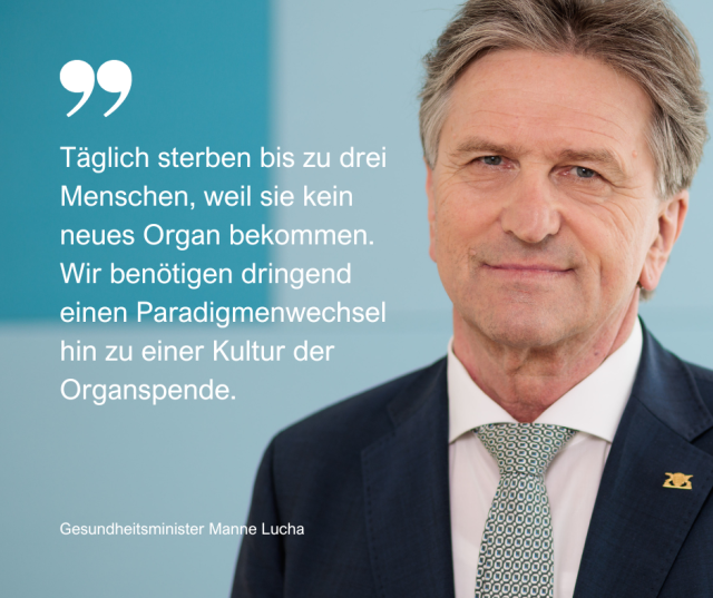 Foto des baden-württembergischen Gesundheitsministers mit Zitat "Täglich sterben bis zu drei Menschen, weil sie kein neues Organ bekommen. Wir benötigen dringend einen Paradigmenwechsel hin zu einer Kultur der Organspende."