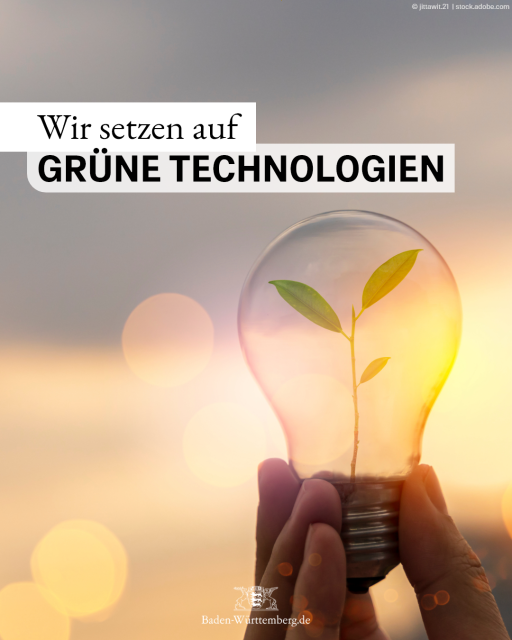 Symbolbild einer Glühbirne mit Setzling. Text: Wir setzen auf grüne Technologien