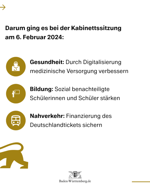 Darum ging es bei der Kabinettssitzung am 6. Februar 2024:
1) Gesundheit: Durch Digitalisierung medizinische Versorgung verbessern
2) Bildung: Sozial benachteiligte Schülerinnen und Schüler stärken
3) Nahverkehr: Finanzierung des Deutschlandtickets sichern