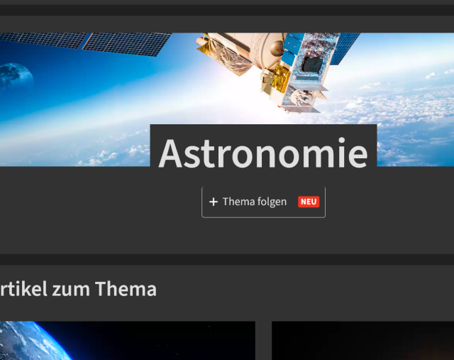 Screenshot der Themenseite "Astronomie" mit dem Button Thema folgen und dem Zusatz "Neu".