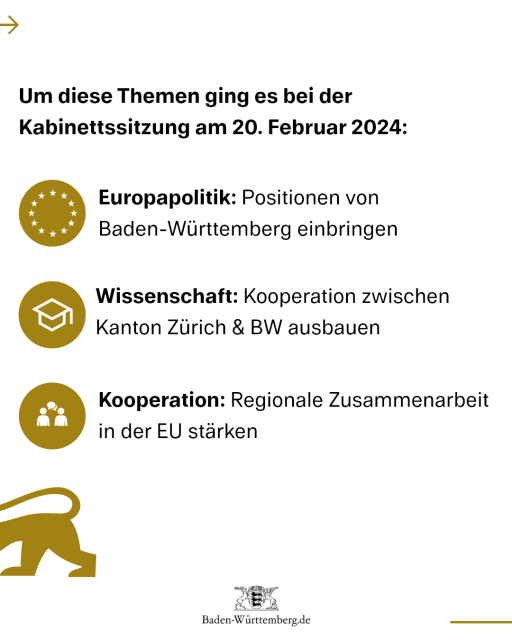 Um diese Themen ging es bei der Kabinettssitzung am 20. Februar 2024:
1) Europapolitik: Positionen von BW einbringen
2) Wissenschaft: Kooperation zwischen Kanton Zürich & BW ausbauen
3) Kooperation: Regionale Zusammenarbeit in der EU stärken 
