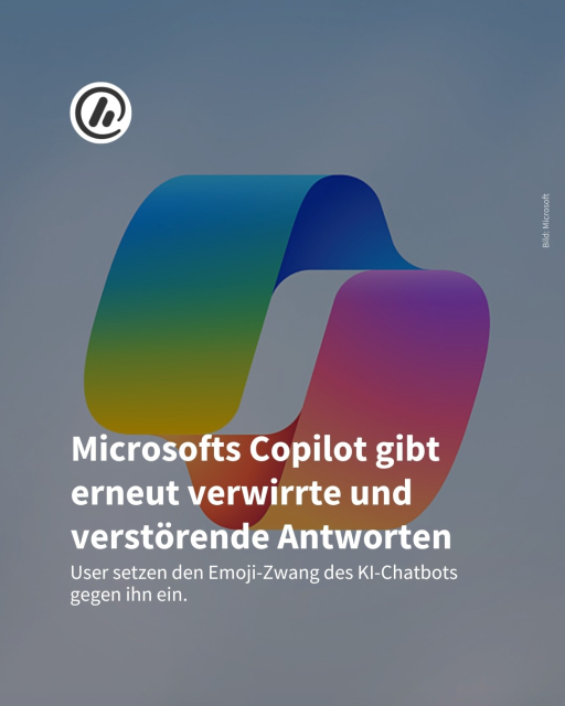 Auf dem Bild sieht man das Logo von Microsoft Copilot. Überschrift: Microsofts Copilot gibt erneut verwirrte und verstörende Antworten. Subline: User setzen den Emoji-Zwang des KI-Chatbots gegen ihn ein. 