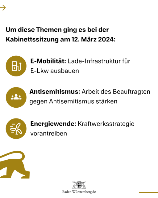 Um diese Themen ging es bei der Kabinettssitzung am 12. März 2024:
1) E-Mobilität: Lade-Infrastruktur für E-Lkw ausbauen
2) Antisemitismus: Arbeit des Beauftragten gegen Antisemitismus stärken
3) Energiewende: Kraftwerksstrategie vorantreiben