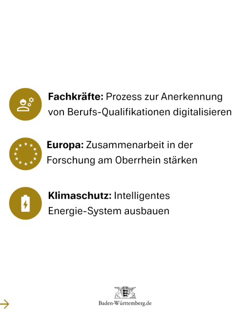 4) Fachkräfte: Prozess zur Anerkennung von Berufs-Qualifikationen digitalisieren
5) Europa: Zusammenarbeit in der Forschung am Oberrhein stärken
6) Klimaschutz: Intelligentes Energie-System ausbauen