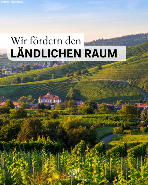 Bild zeigt Wiesen und Felder in Baden-Württemberg. Text: Wir fördern den Ländlichen Raum