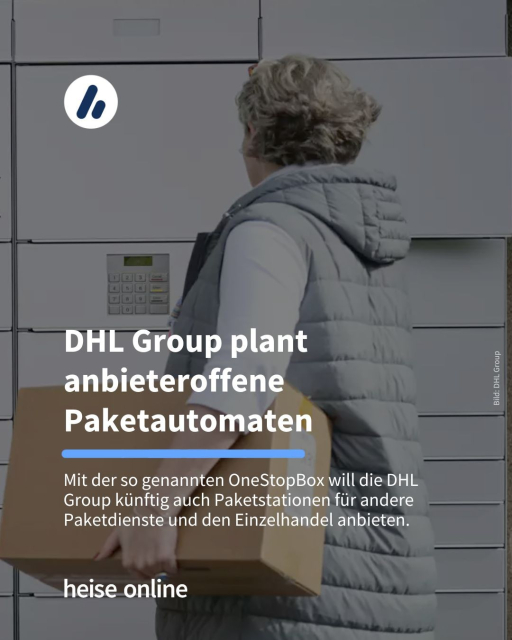 Alt:
Bild: Man sieht eine Frau mit einem Paket vor der OneStopBox. 

Überschrift: DHL Group plant anbieteroffene Paketautomaten

Unterzeile: Mit der so genannten OneStopBox will die DHL Group künftig auch Paketstationen für andere Paketdienste und den Einzelhandel anbieten. 
