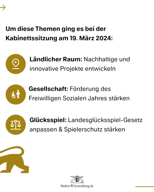 Um diese Themen ging es bei der Kabinettssitzung am 19. März 2024:
1) Ländlicher Raum: Nachhaltige und innovative Projekte entwickeln
2) Gesellschaft: Förderung des Freiwilligen Sozialen Jahres stärken
3) Glücksspiel: Landesglücksspiel-Gesetz anpassen & Spielerschutz stärken