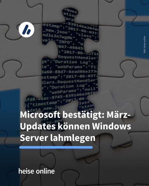 Auf dem Bild sieht man ein Puzzle mit Windows-Logos. Ein Puzzleteil wurde herausgenommen, darunter sieht man Programmiersprache. Überschrift: Microsoft bestätigt: März-Updates können Windows Server lahmlegen. Darunter steht: Die Sicherheitsupdates aus dem März können Windows Server mit Active Directories lahmlegen.