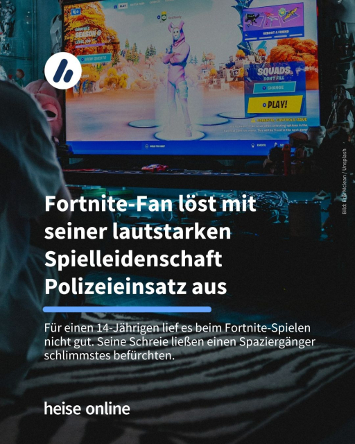 Bild: Im Hintergrund sieht man einen Mann Fortnite spielen. 

Überschrift: Fortnite-Fan löst mit seiner lautstarken Spielleidenschaft Polizeieinsatz aus

Unterzeile: Für einen 14-Jährigen lief es beim Fortnite-Spielen nicht gut. Seine Schreie ließen einen Spaziergänger schlimmstes befürchten. 
