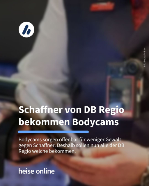 Bild: Man sieht einen Bahnmitarbeiter mit einer Bodycam. 

Überschrift: Schaffner von DB Regio bekommen Bodycams

Unterzeile: Bodycams sorgen offenbar für weniger Gewalt gegen Schaffner. Deshalb sollen nun alle der DB Regio welche bekommen.