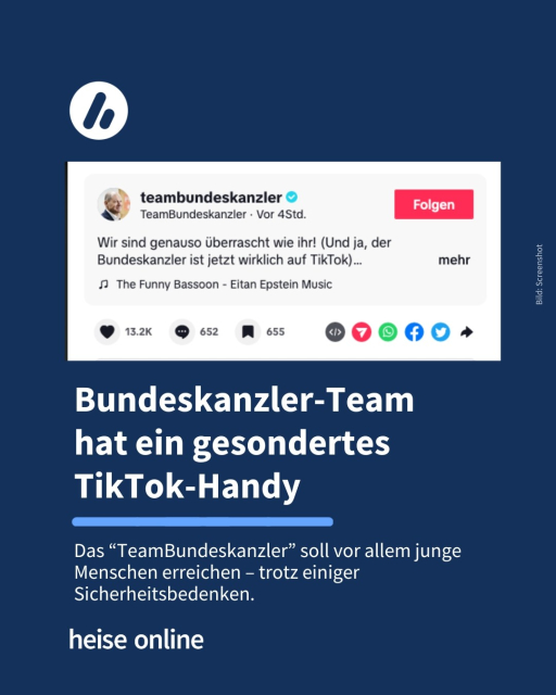 Auf dem Bild sieht man einen Screenshot des TikTok-Kanals vom Bundeskanzler. Die Überschrift lautet: Bundeskanzler-Team hat ein gesondertes TikTok-Handy. Darunter steht: Das “TeamBundeskanzler” soll vor allem junge Menschen erreichen – trotz einiger Sicherheitsbedenken.