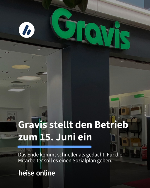 Auf dem Bild sieht man eine Gravis-Filiale. Die Überschrift lautet: Gravis stellt den Betrieb zum 15. Juni ein. Darunter steht: Das Ende kommt schneller als gedacht. Für die Mitarbeiter soll es einen Sozialplan geben.