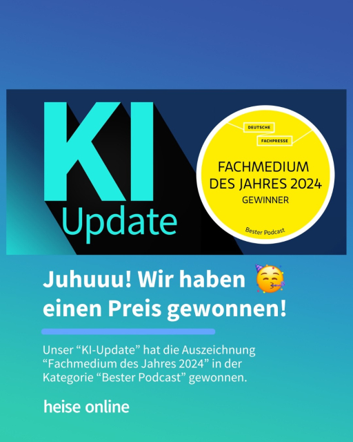 Auf dem Bild sieht man das Logo des Podcasts "KI-Update" mit einem gelben Banner, auf dem steht: "Fachmedium des Jahres 2024 Gewinner". Die Überschrift lautet: Juhuuu! Wir haben einen Preis gewonnen! Darunter steht: Unser “KI-Update” hat die Auszeichnung “Fachmedium des Jahres 2024” in der Kategorie “Bester Podcast” gewonnen.