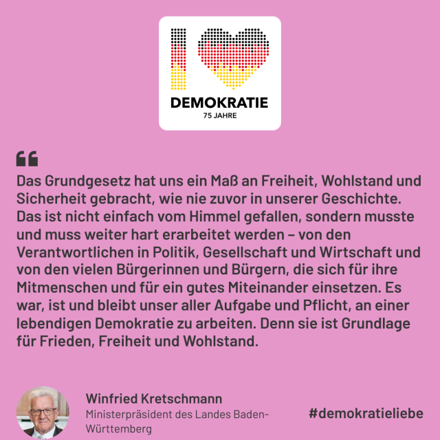 Zitat Winfried Kretschmann, Ministerpräsident des Landes Baden-Württemberg: Das Grundgesetz hat uns ein Maß an Freiheit, Wohlstand und Sicherheit gebracht, wie nie zuvor in unserer Geschichte. Das ist nicht einfach vom Himmel gefallen, sondern musste und muss weiter hart erarbeitet werden – von den Verantwortlichen in Politik, Gesellschaft und Wirtschaft und von den vielen Bürgerinnen und Bürgern, die sich für ihre Mitmenschen und für ein gutes Miteinander einsetzen. Es war, ist und bleibt unser aller Aufgabe und Pflicht, an einer lebendigen Demokratie zu arbeiten. Denn sie ist Grundlage für Frieden, Freiheit und Wohlstand.