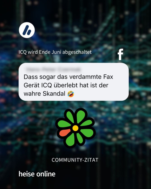 Überschrift: ICQ wird Ende Juni abgeschaltet

Das Bild zeigt einen Screenshot eines Nutzerkommentars: "Dass sogar das verdammte Faxgerät ICQ überlebt hat, ist der wahre Skandal."
