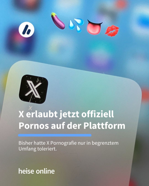 Das Bild zeigt ein eingeschaltetes iPhone. Darauf ist ein geöffneter Ordner mit der App X zu sehen.

In der Überschrift steht: "X erlaubt jetzt offiziell Pornos auf der Plattform dadrunter steht "Bisher hatte X Pornografie nur in begrenztem 
Umfang toleriert."