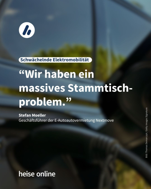 Auf dem Bild ist ein Elektroauto zu sehen, das gerade aufgeladen wird. In der Überschrift steht "Schwächelnde Elektromobilität" dadrunter steht ein Zitat von Stefan Moeller,
Geschäftsführer der E-Autoautovermietung Nextmove “Wir haben ein massives Stammtisch-problem.” 