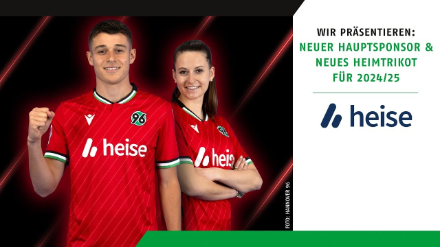 Zwei Menschen mit Trikot von Hannover 96 und heise als Hauptsponsor.