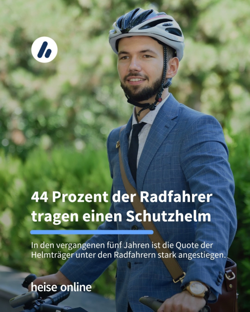 Auf dem Bild sieht man einen Radfahrer, der einen Helm trägt. Die Überschrift lautet: 44 Prozent der Radfahrer tragen einen Schutzhelm. Darunter steht: In den vergangenen fünf Jahren ist die Quote der Helmträger unter den Radfahrern stark angestiegen.