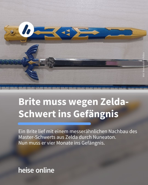 Im Bild sieht man ein Polizeifotos des Zelda-Schwert-Nachbaus.
In der Überschrift steht: "Brite muss wegen Zelda-Schwert ins Gefängnis"​ dadrunter steht "Ein Brite lief mit einem messerähnlichen Nachbau des Master-Schwerts aus Zelda durch Nuneaton. 
Nun muss er vier Monate ins Gefängnis."