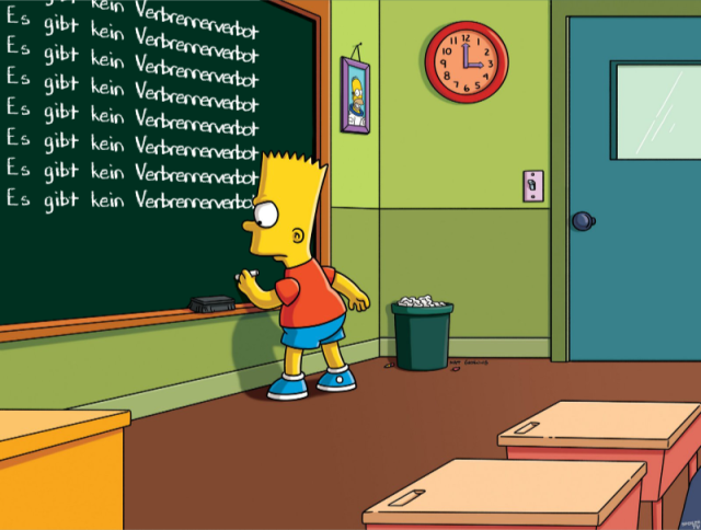 Bart Simpson schreibt auf eine Tafel acht mal "Es gibt kein Verbrennerverbot"