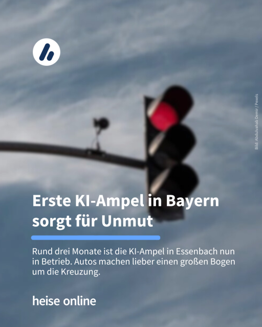 Das Bild zeigt eine rote Ampel. In der Überschrift steht: "KI-Ampel verärgert Autofahrer" dadrunter steht "Erste von Künstlicher Intelligenz gesteuerte Ampel in Bayern sorgt für Unmut"