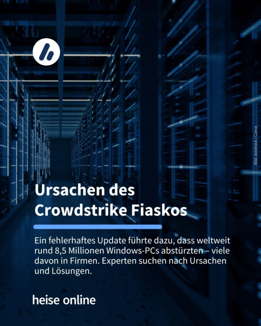 Das Bild zeigt den Gang eines großen Rechenzentrums. Als Überschrift steht darauf: "Crowdstrike-Fiasko" und darunter als Teaser: "Ein fehlerhaftes Update führte dazu, dass weltweit rund 8,5 Millionen Windows-PCs abstürzten – viele davon in Firmen. Experten suchen nach Ursachen und Lösungen."