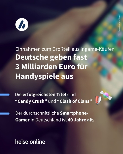 In der Überschrift steht: "Einnahmen zum Großteil aus Ingame-Käufen
Deutsche geben fast 
3 Milliarden Euro für Handyspiele aus"​ dadrunter steht: “Die erfolgreichsten Titel sind 
'Candy Crush' und 'Clash of Clans' und weiter:  "Der durchschnittliche Smartphone-Gamer in Deutschland ist 40 Jahre alt."
