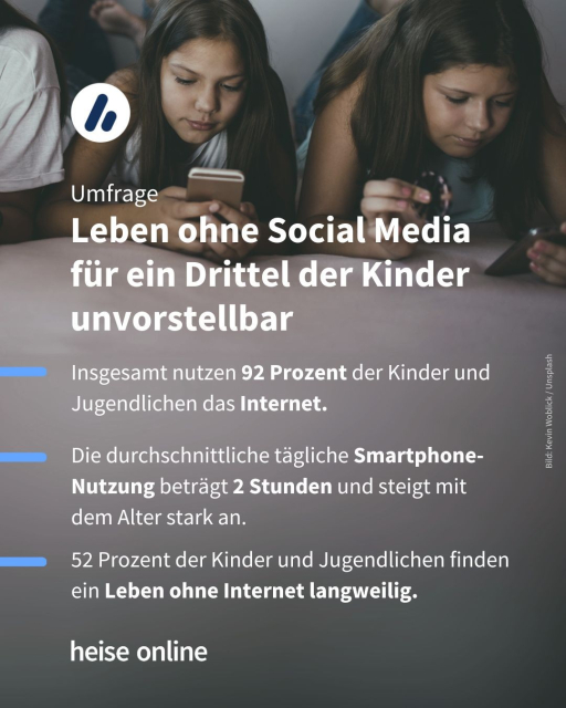 Auf dem Bild sieht man drei Mädchen am Smartphone. In der Bildüberschrift steht:"
Umfrage:
Leben ohne Social Media
für ein Drittel der Kinder unvorstellbar." Darunter steht:"Insgesamt nutzen 92 Prozent der Kinder und Jugendlichen das Internet. Die durchschnittliche tägliche Smartphone-Nutzung beträgt 2 Stunden und steigt mit dem Alter stark an. 52 Prozent der Kinder und Jugendlichen ein Leben ohne Internet langweilig."