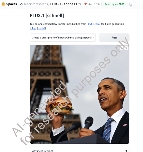 FLUX generatives KI-Modell ausprobiert bei HuggingFace. Prompt: Create a press photo of Barack Obama giving a speech in front of Paris' Eiffel tower. He is holding a cheeseburger in his hand.