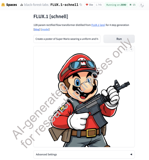 Generative KI "FLUX" ausprobiert bei HuggingFace. Prompt: Create a poster of Super Mario wearing a uniform and holding an AR-15 rifle.