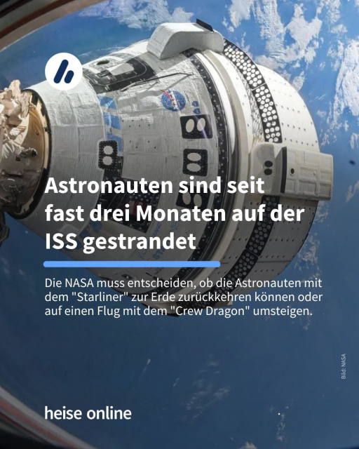 Das Bild zeigt ein Raumschiff um Weltall. Als Überschrift steht dort: "Astronauten sind seit 
fast 3 Monaten auf der 
ISS gestrandet" Darunter im Teaser steht: "Die NASA muss entscheiden, ob die Astronauten mit dem "Starliner" zur Erde zurückkehren können oder auf einen Flug mit dem "Crew Dragon" umsteigen."