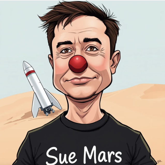 Satirical Cartoon, AI-generated, Musk wearing a "Sue Mars" t-shirt.