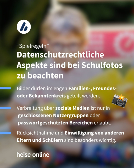 Ein verschwommener Junge der im Schneidersitz mit einer Schultüte auf dem Boden sitzt. In der Bildüberschrift steht:"
"Spielregeln" Datenschutzrechtliche Aspekte sind bei Schulfotos zu beachten" Darunter steht: "Bilder dürfen im engen Familien-, Freundes- oder Bekanntenkreis geteilt werden. Verbreitung über soziale Medien ist nur in geschlossenen Nutzergruppen oder passwortgeschützten Bereichen erlaubt. Rücksichtnahme und Einwilligung von anderen Eltern und Schülern sind besonders wichtig."