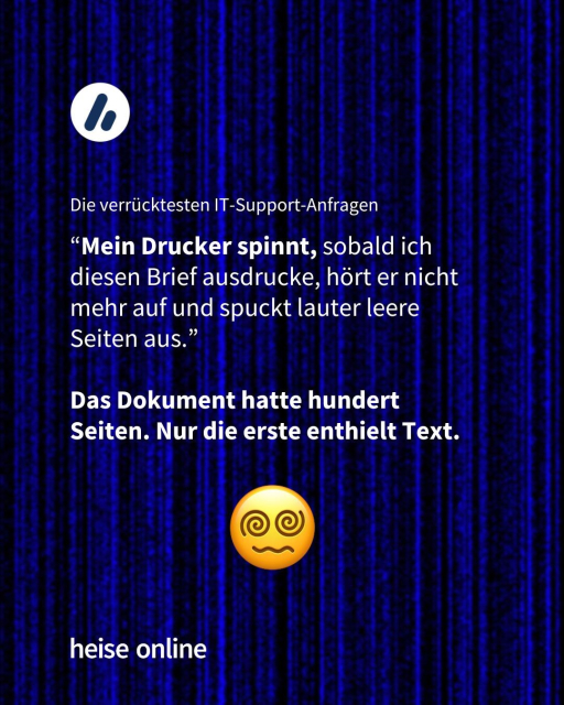 Im Bild steht "“Mein Drucker spinnt, sobald ich diesen Brief ausdrucke, hört er nicht mehr auf und spuckt lauter leere Seiten aus.” 

Das Dokument hatte hundert Seiten. Nur die erste enthielt Text.” 