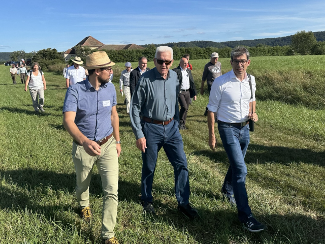 Ministerpräsident Kretschmann auf dem Weg im Feld zur Refugialfläche. Er wird vom NABU-Landesvorsitzenden Johannes Enssle und Staatssekretär Andre Baumann vom BW-Umweltministerium begleitet.