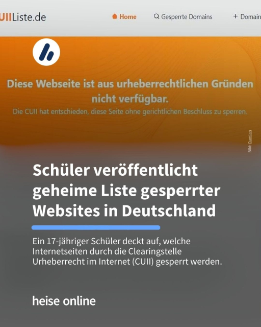 Auf dem Bild sieht man einen Screenshot der Website von Damian. Die Überschrift lautet: Schüler veröffentlicht geheime Liste gesperrter Websites in Deutschland. Darunter steht: Ein 17-jähriger Schüler deckt auf, welche Internetseiten durch die Clearingstelle Urheberrecht im Internet (CUII) gesperrt werden.