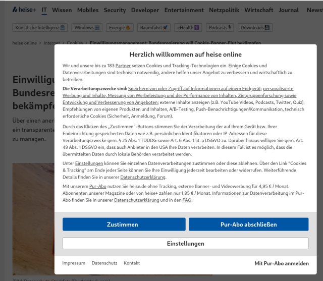 Screenshot vom verlinkten Heise-Artikel. Er wird fast vollständig von einem Cookie-Banner verdeckt, der für 183 Partner Cookies und Tracking ankündigt unter anderem für personalisierte Werbung und Inhalte und die Messung von Werbeleistung.