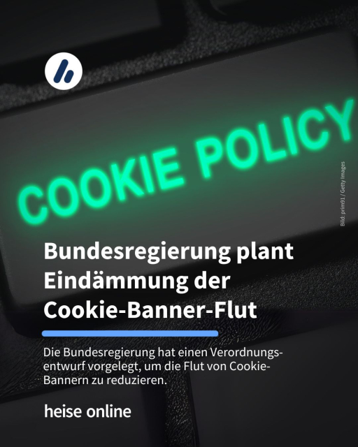 Das Bild zeigt eine Tastaturtaste mit der Aufschrift "Cookie Policy". In der Überschrift steht: "Bundesregierung plant Eindämmung der Cookie-Banner-Flut" dadrunter steht: "Die Bundesregierung hat einen Verordnungs-entwurf vorgelegt, um die Flut von Cookie-Bannern zu reduzieren."